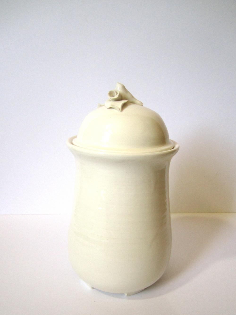 White Bird Lidded Jar, Canister In Porcelain, Ceramics And Pottery